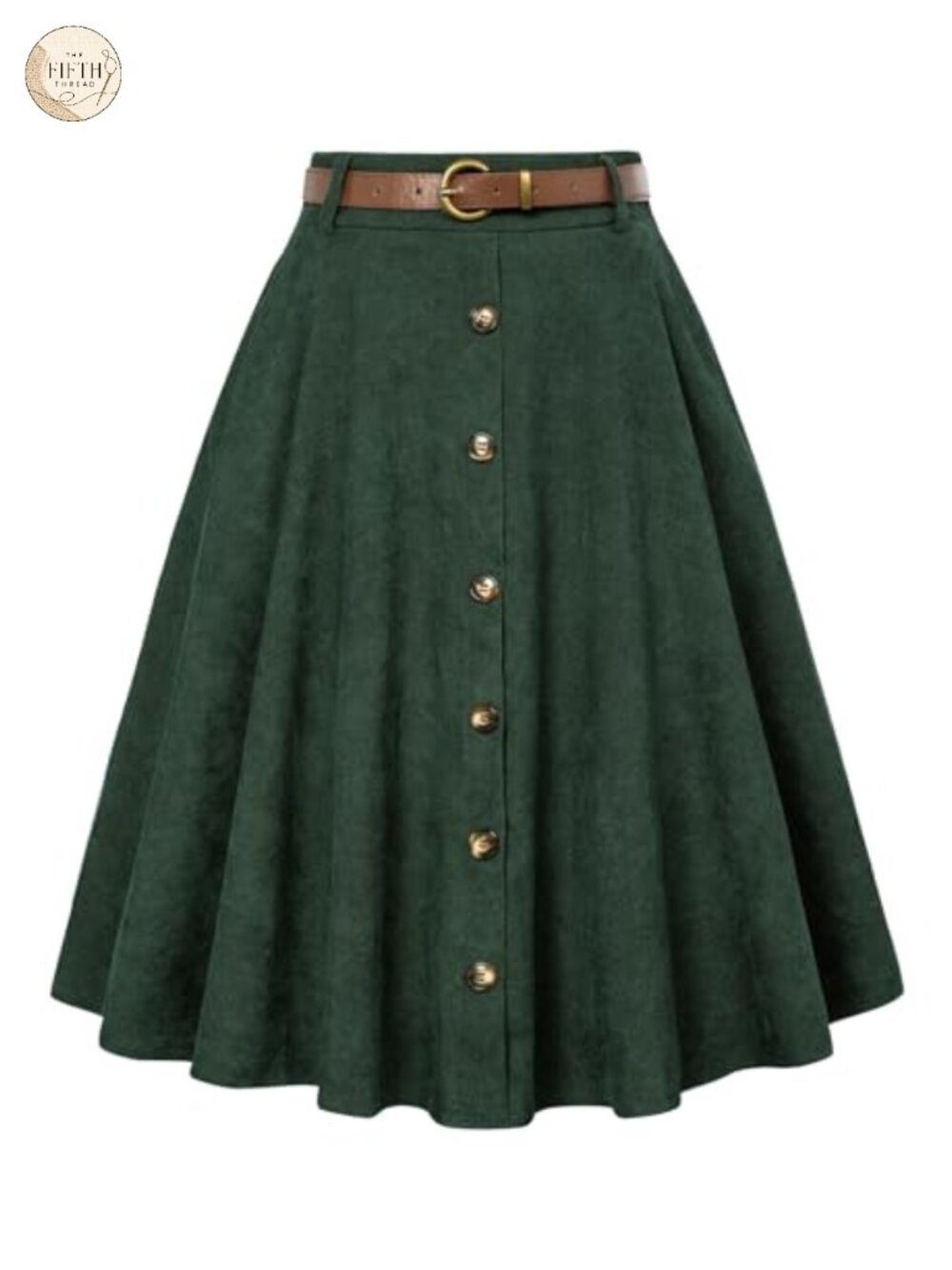 Corduroy A-Line Midi Skirt High Waist Stretch with Pockets & Belt